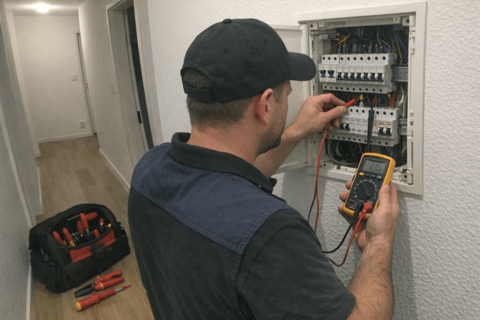 Notfall Elektriker diagnostiziert Kurzschluss am offenen Sicherungskasten in Flehe