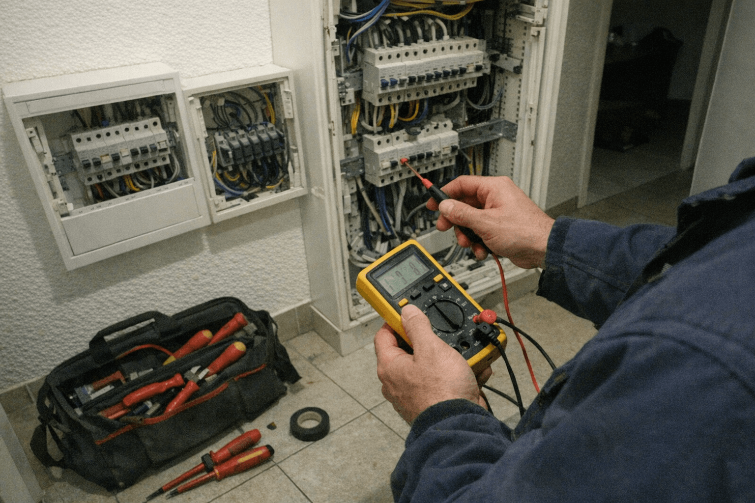 Elektriker prüft Hauptverteiler und Sicherungskasten bei Notfalleinsatz