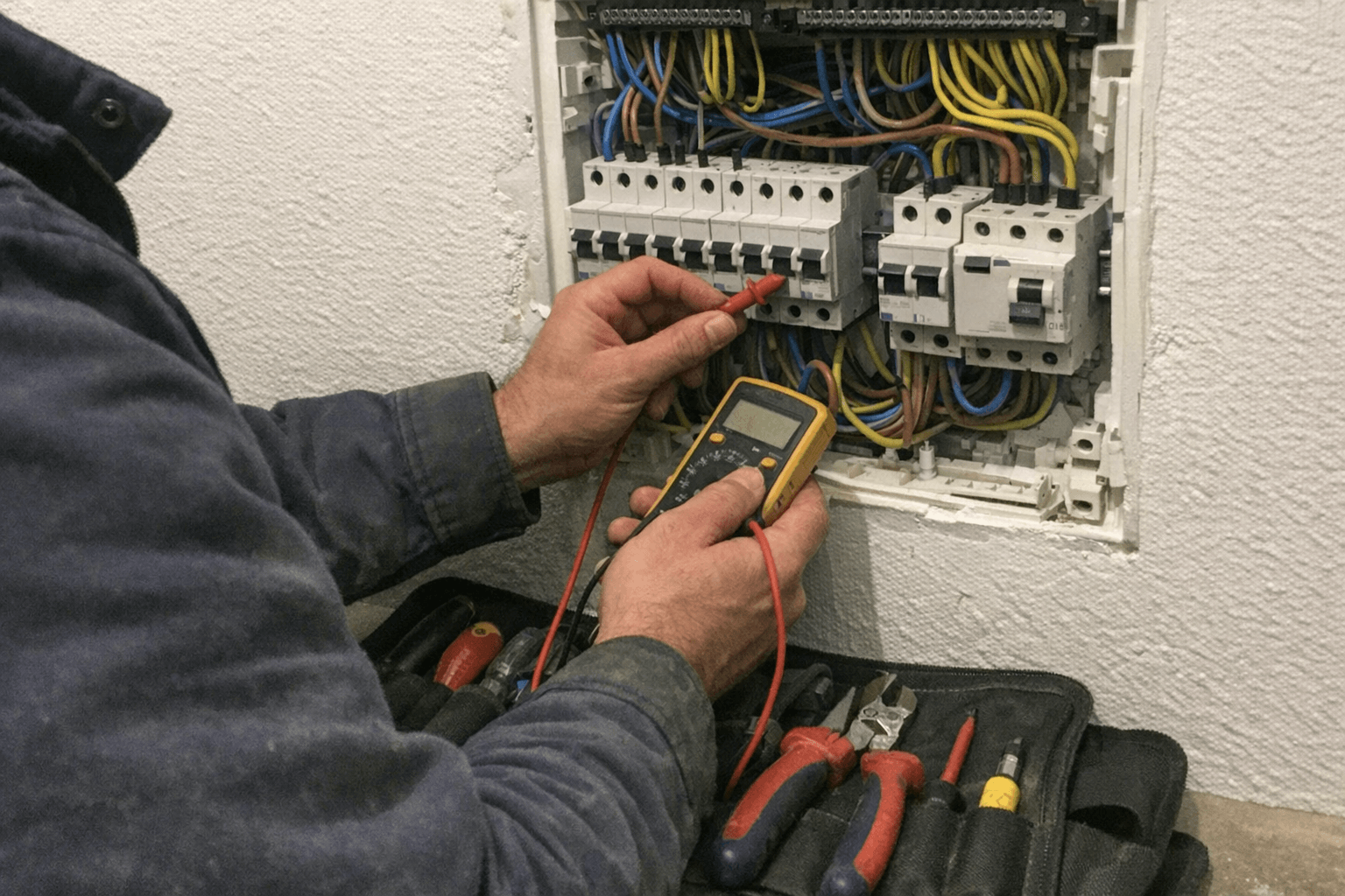 Elektriker prüft eine Elektroverteilung bei Stromausfall