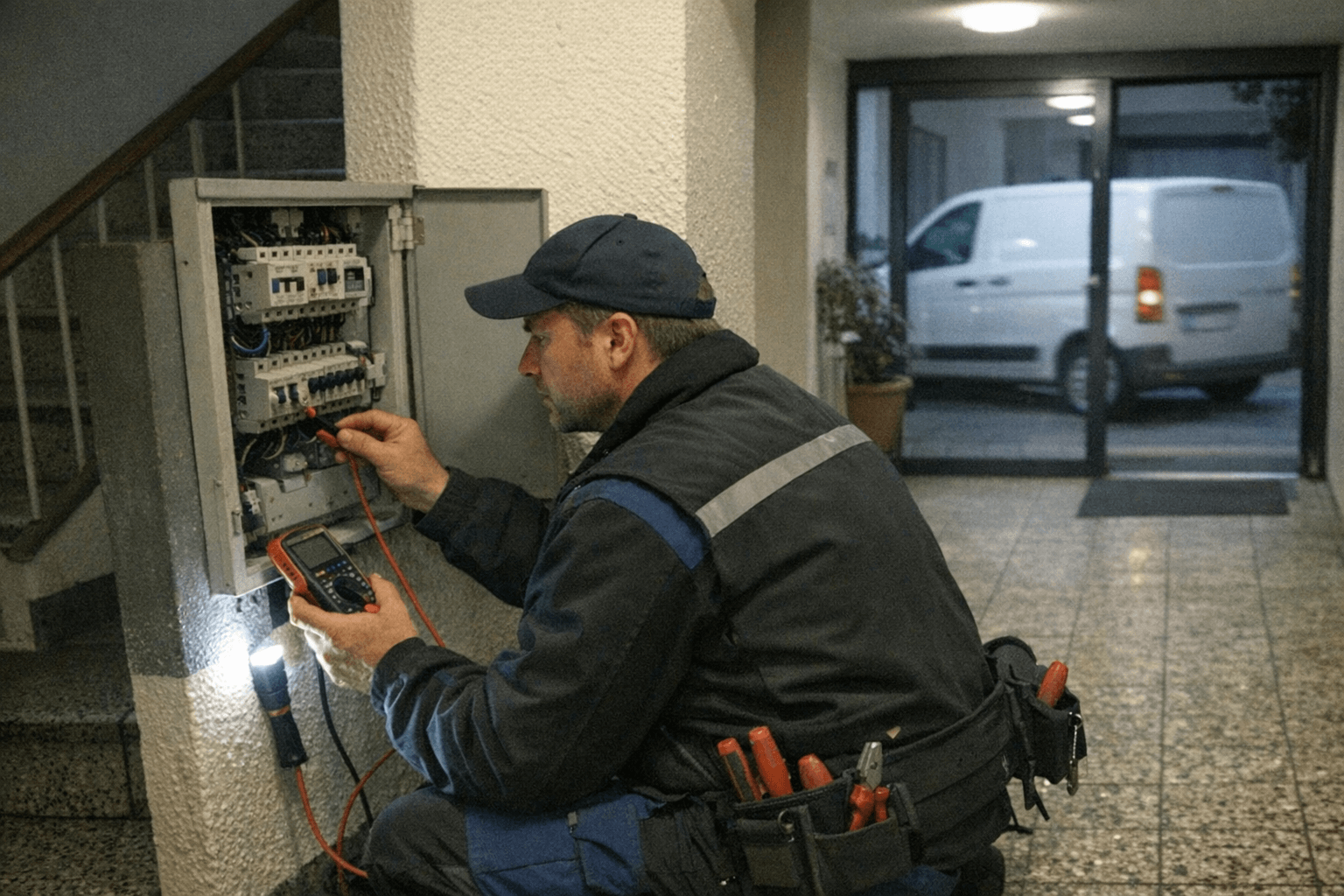 Elektriker prüft Sicherungskasten bei Stromausfall im Wohnhaus mit Messgerät