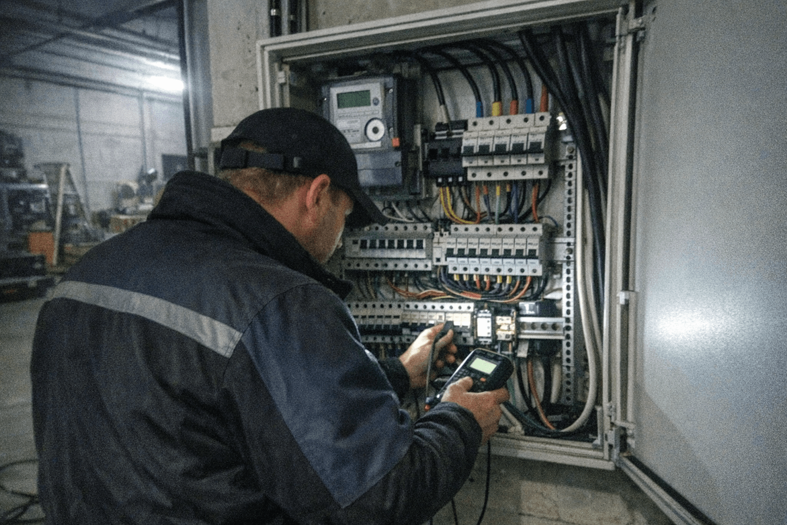 Elektriker prüft Stromverteilung in einer Gewerbehalle