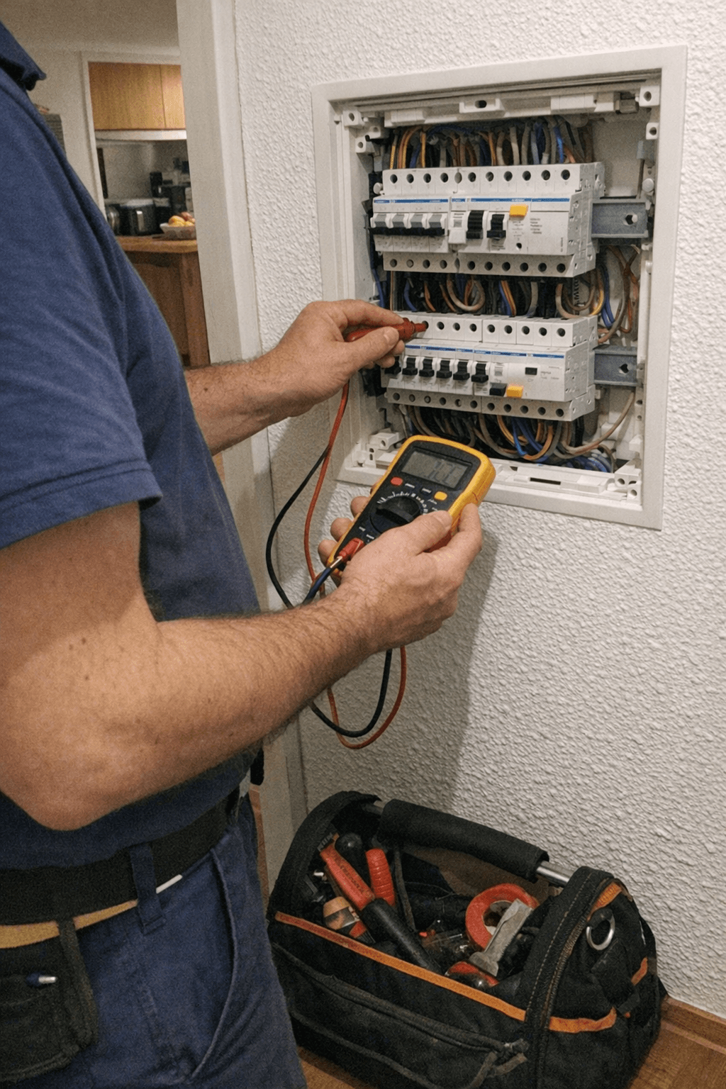 Elektriker prüft offenen Sicherungskasten im Flur einer Wohnung in Düsseltal.