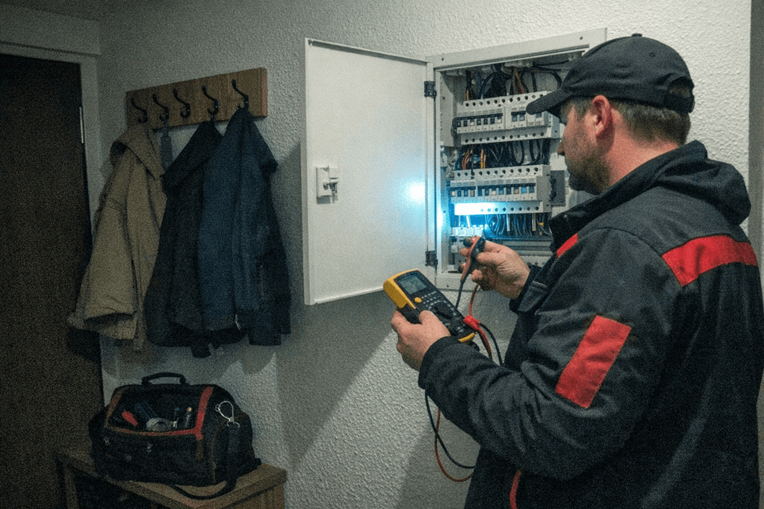 Elektriker prüft Sicherungskasten bei Stromausfall in Itter
