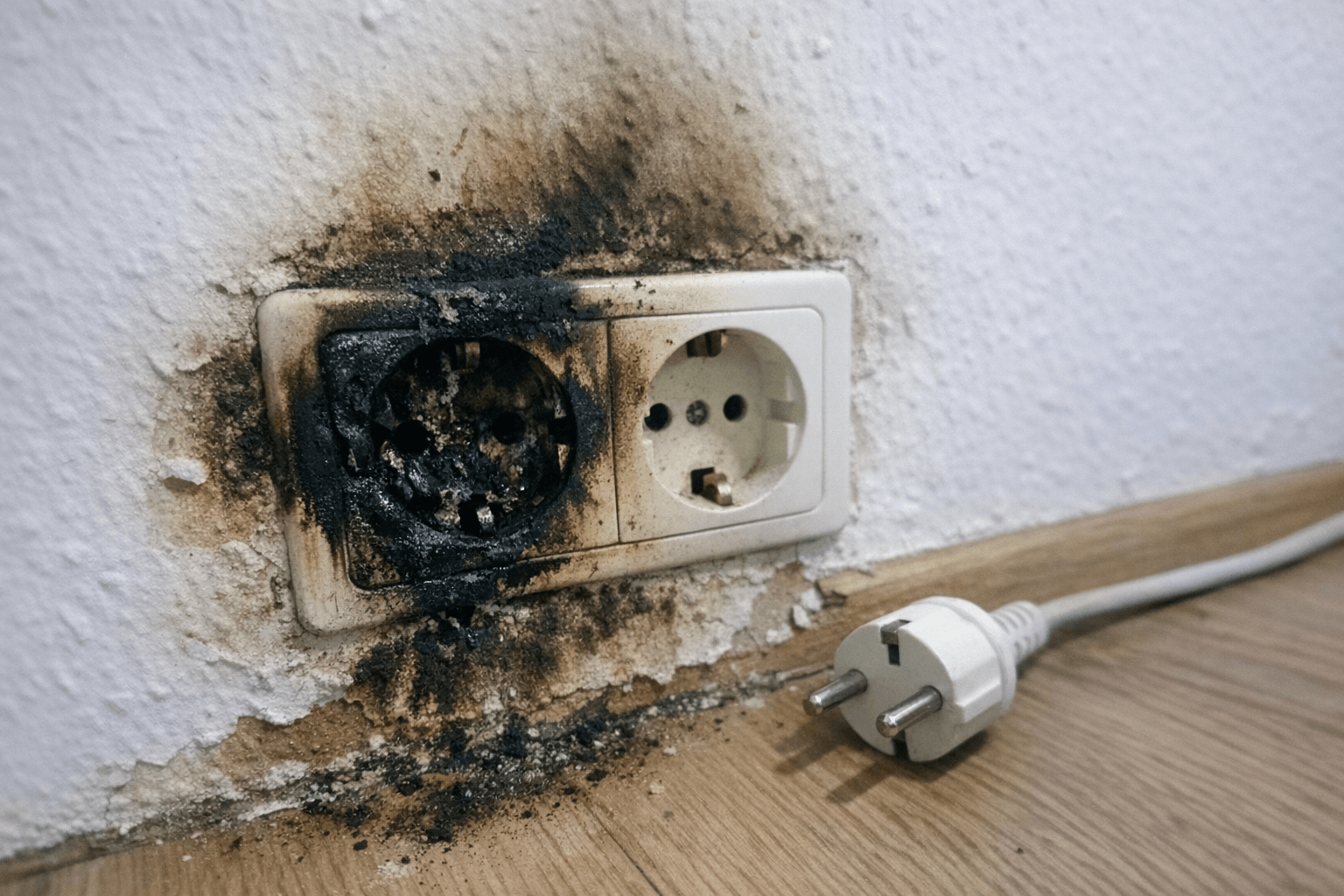 Verschmorte Steckdose mit dunklen Spuren als Warnzeichen für Kabelbrand