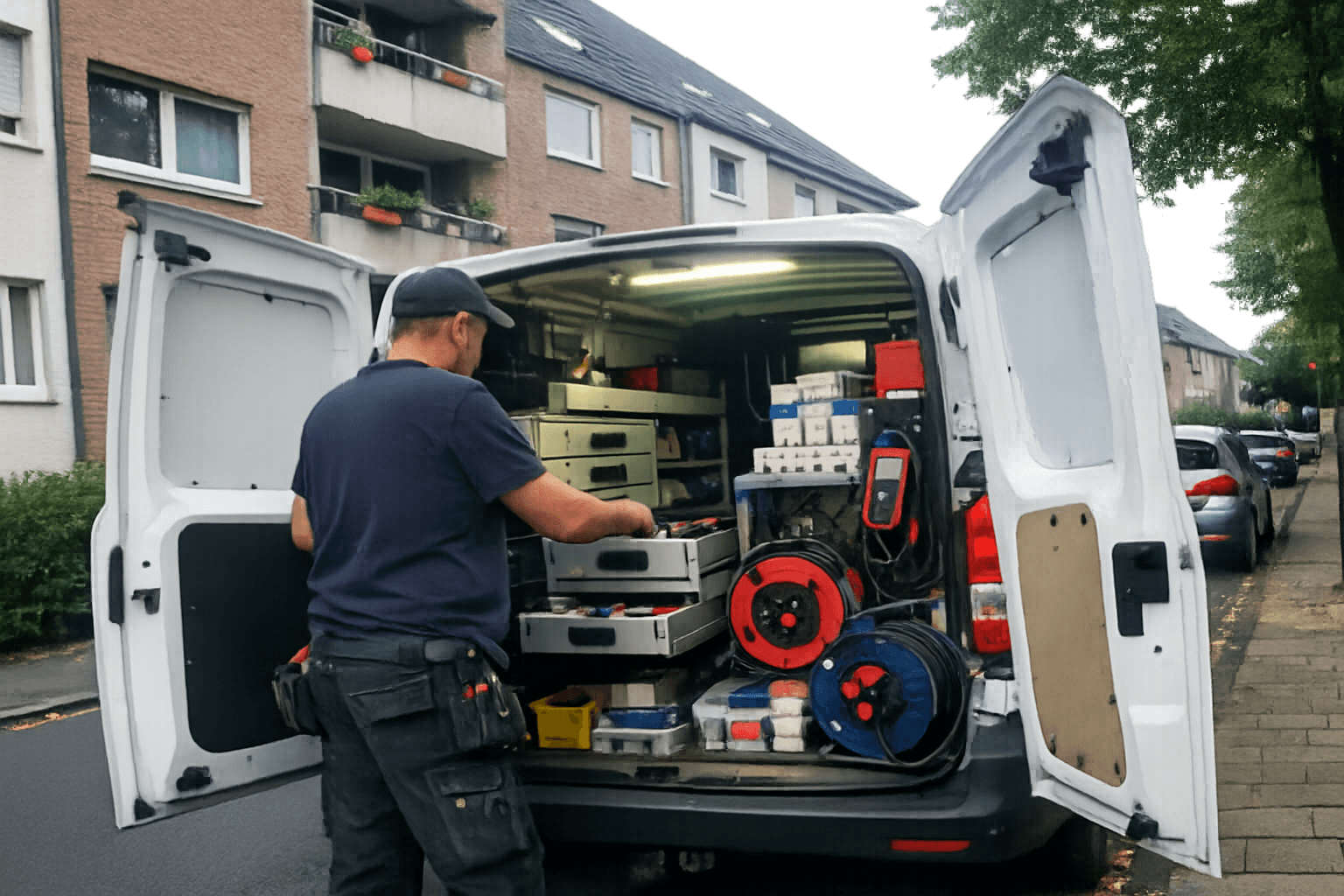 Elektriker mit Einsatzfahrzeug im regionalen Einsatzgebiet in Düsseldorf und Umgebung