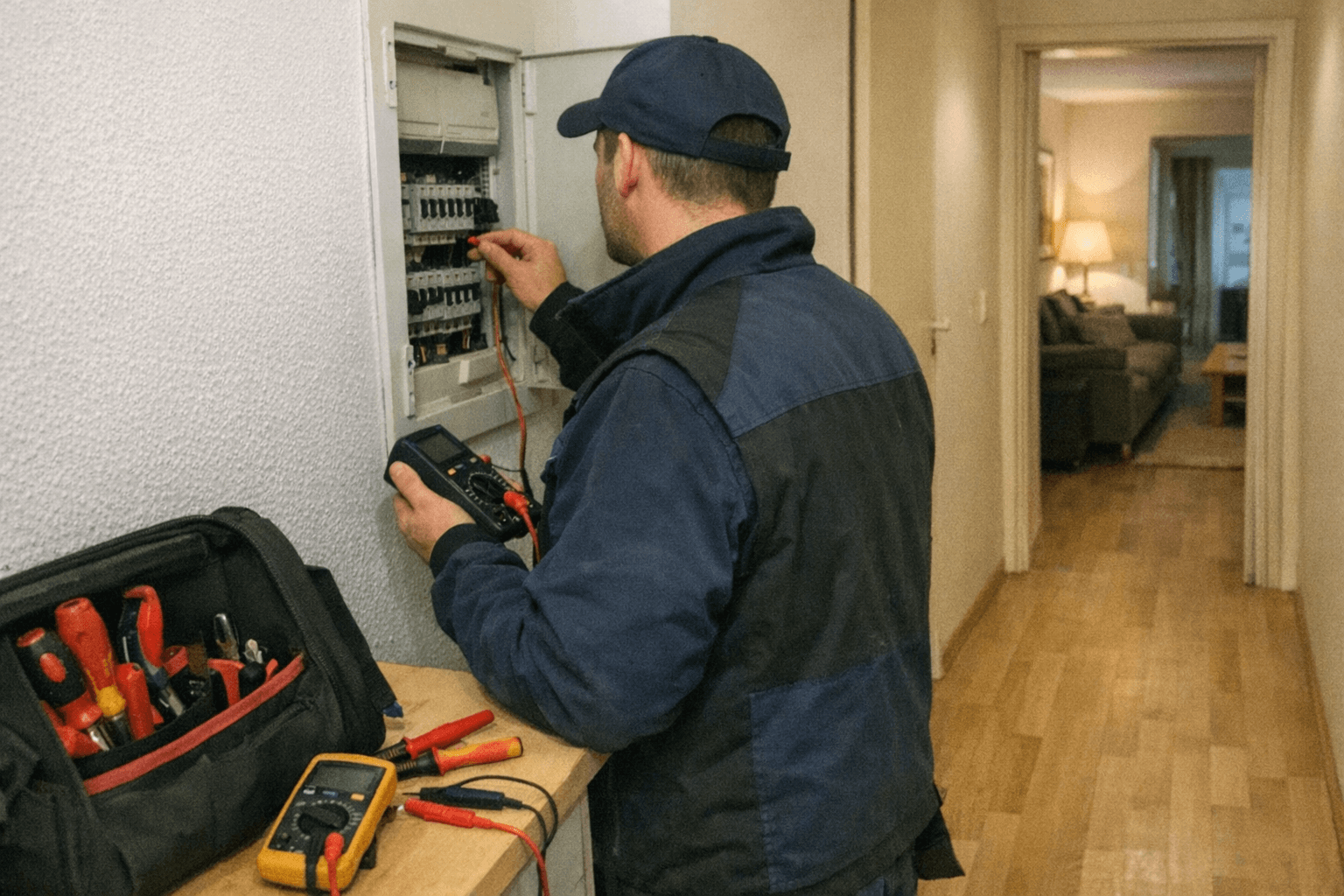 Elektriker prüft offenen Sicherungskasten bei vollständigem oder teilweisem Stromausfall.