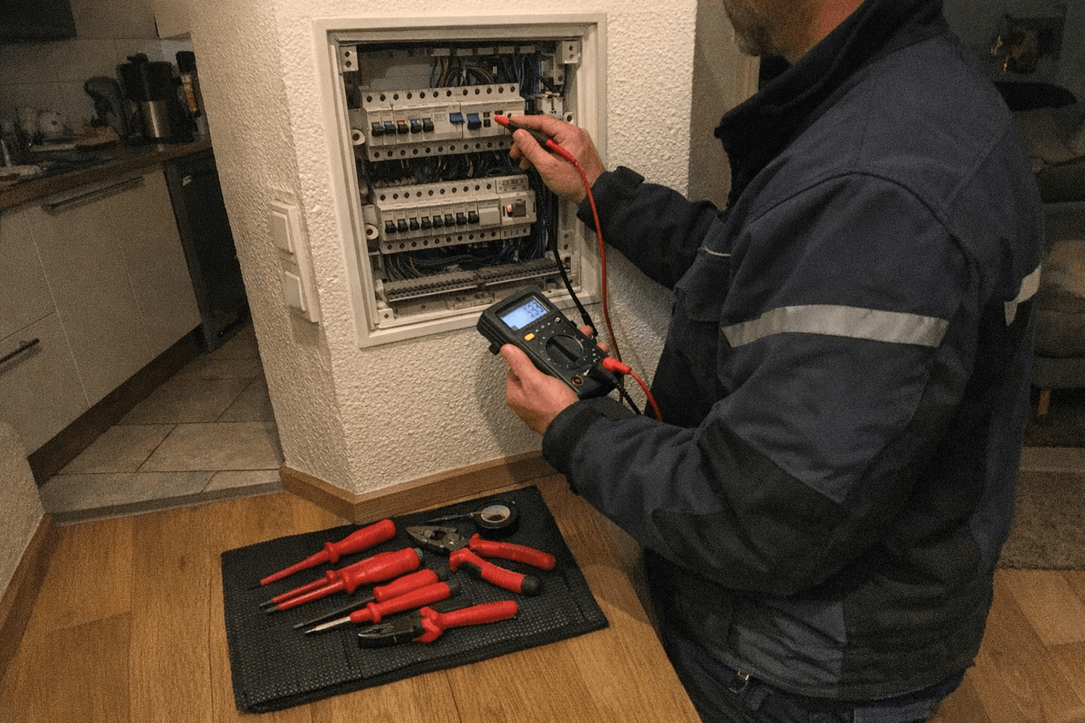 Elektriker prüft bei Stromausfall den Sicherungskasten in einer privaten Wohnung.