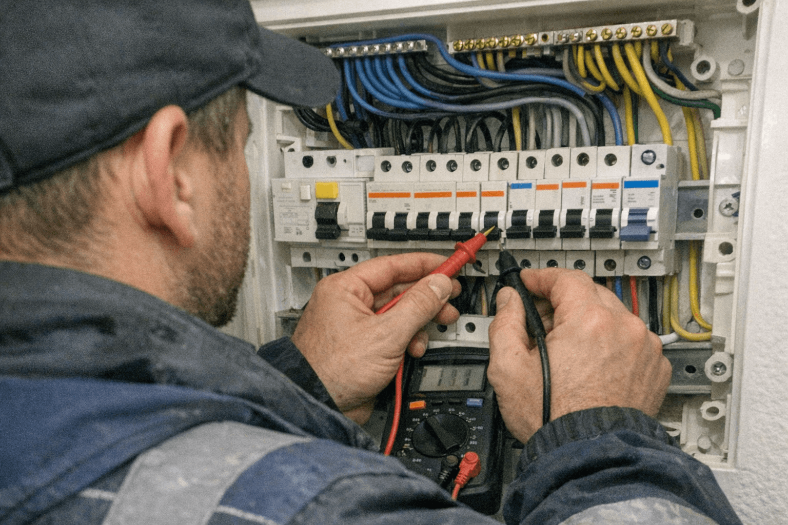 Elektriker bei der Prüfung eines Sicherungskastens im regionalen Störungsdienst