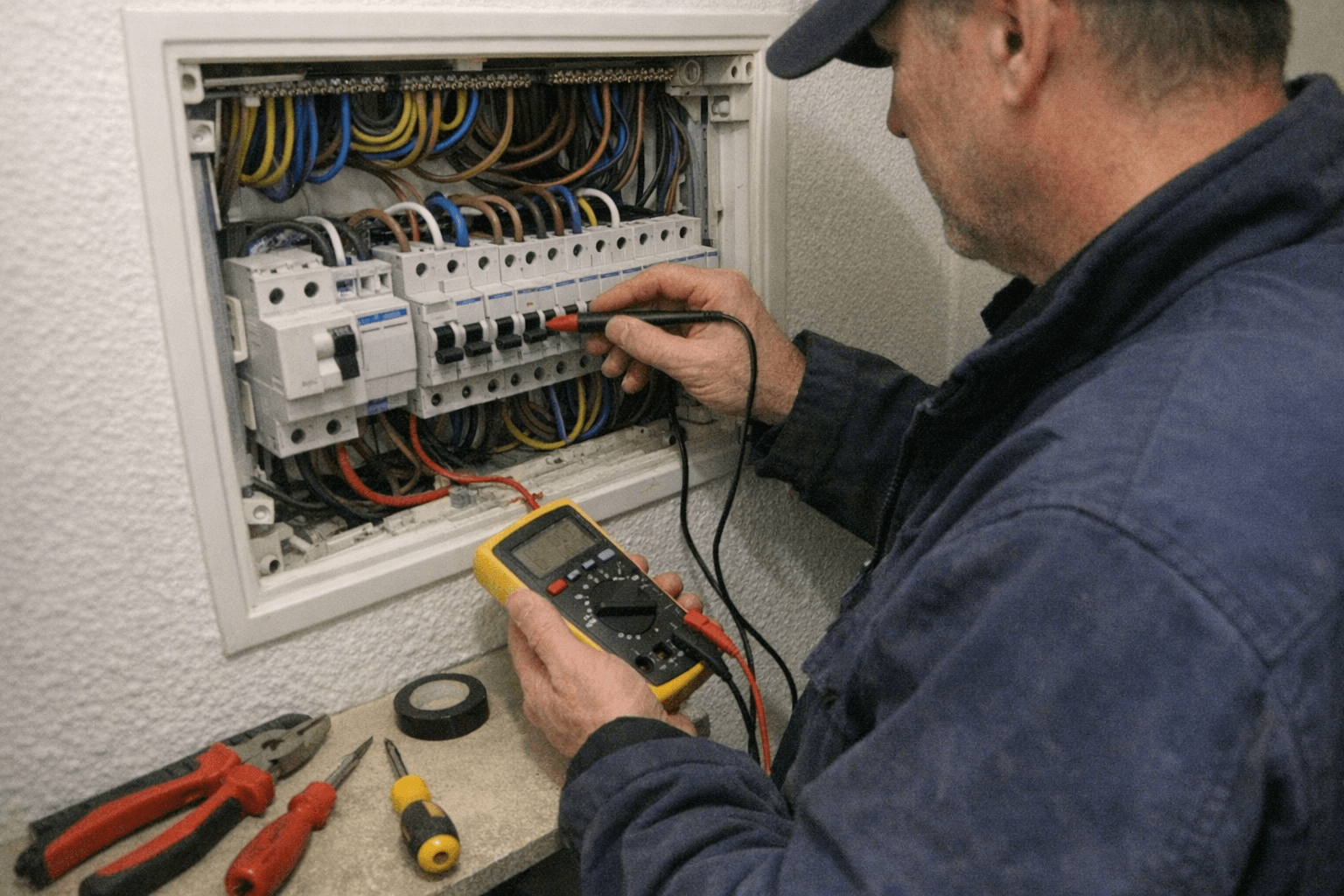 Elektriker prüft Sicherungskasten in einer Wohnung in Eller.