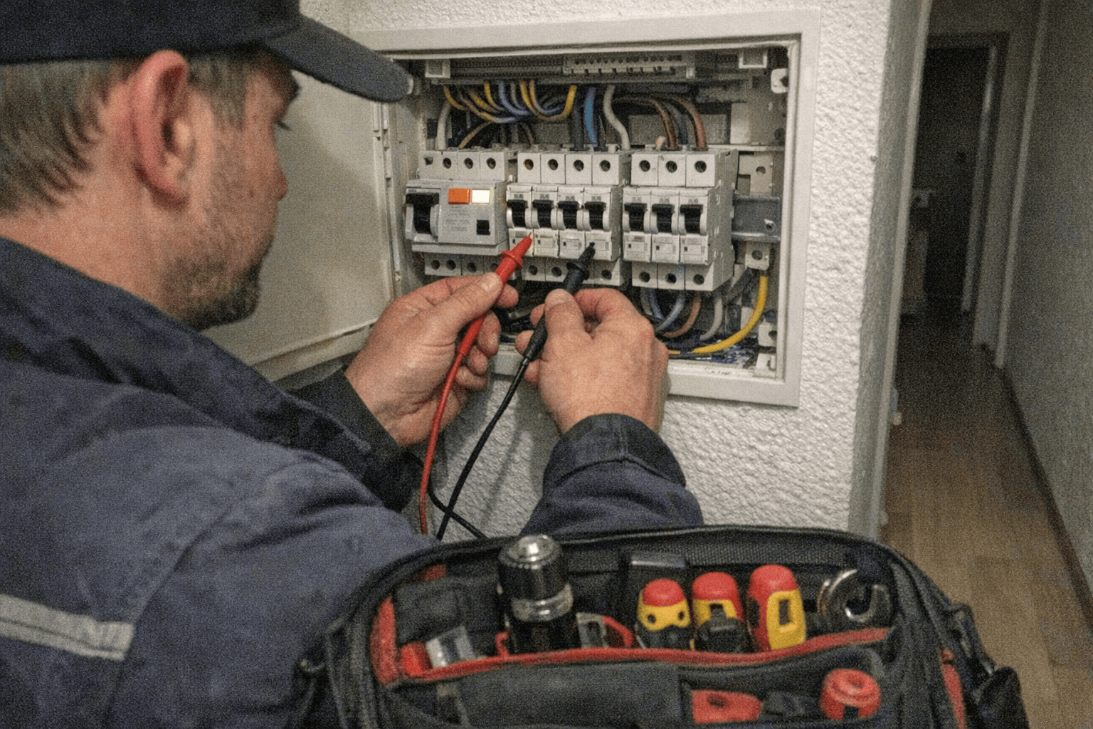 Elektriker prüft einen Sicherungskasten bei Stromausfall