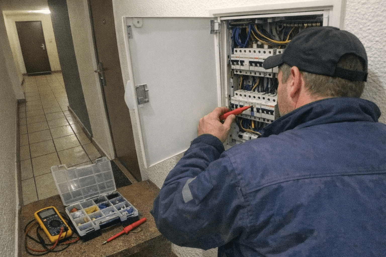 Elektriker prüft Sicherungskasten