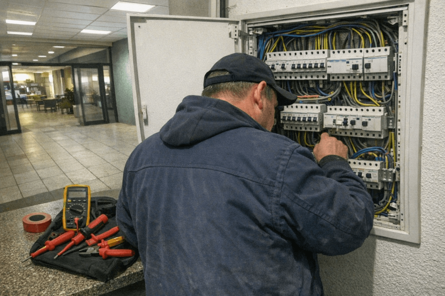 Elektriker prüft offenen Sicherungskasten in Wohn- und Geschäftshaus nahe Meistersiedlung.