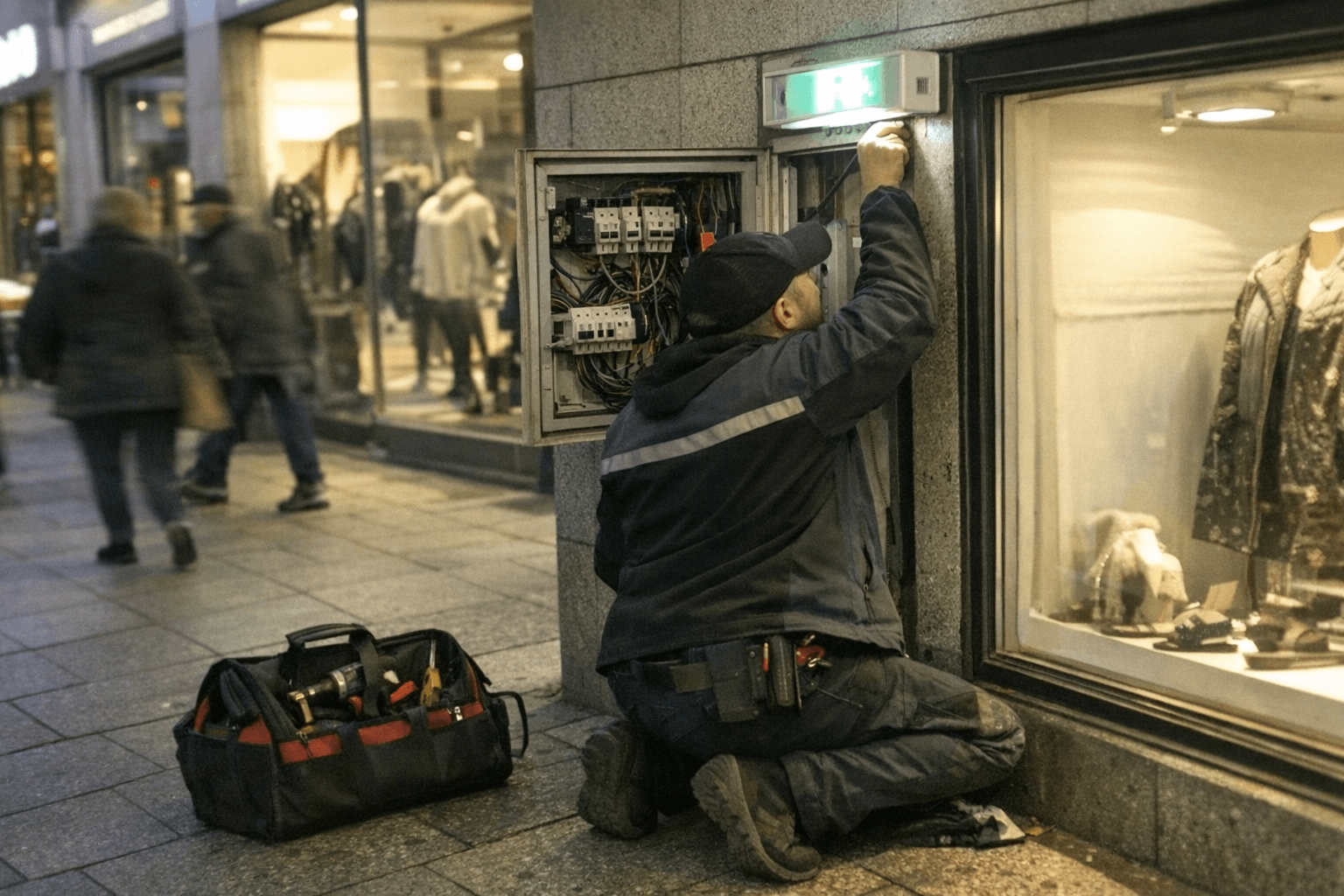 Elektriker bei Bolkerstern prüft Schaufensterbeleuchtung und Notbeleuchtung in belebter Innenstadt.