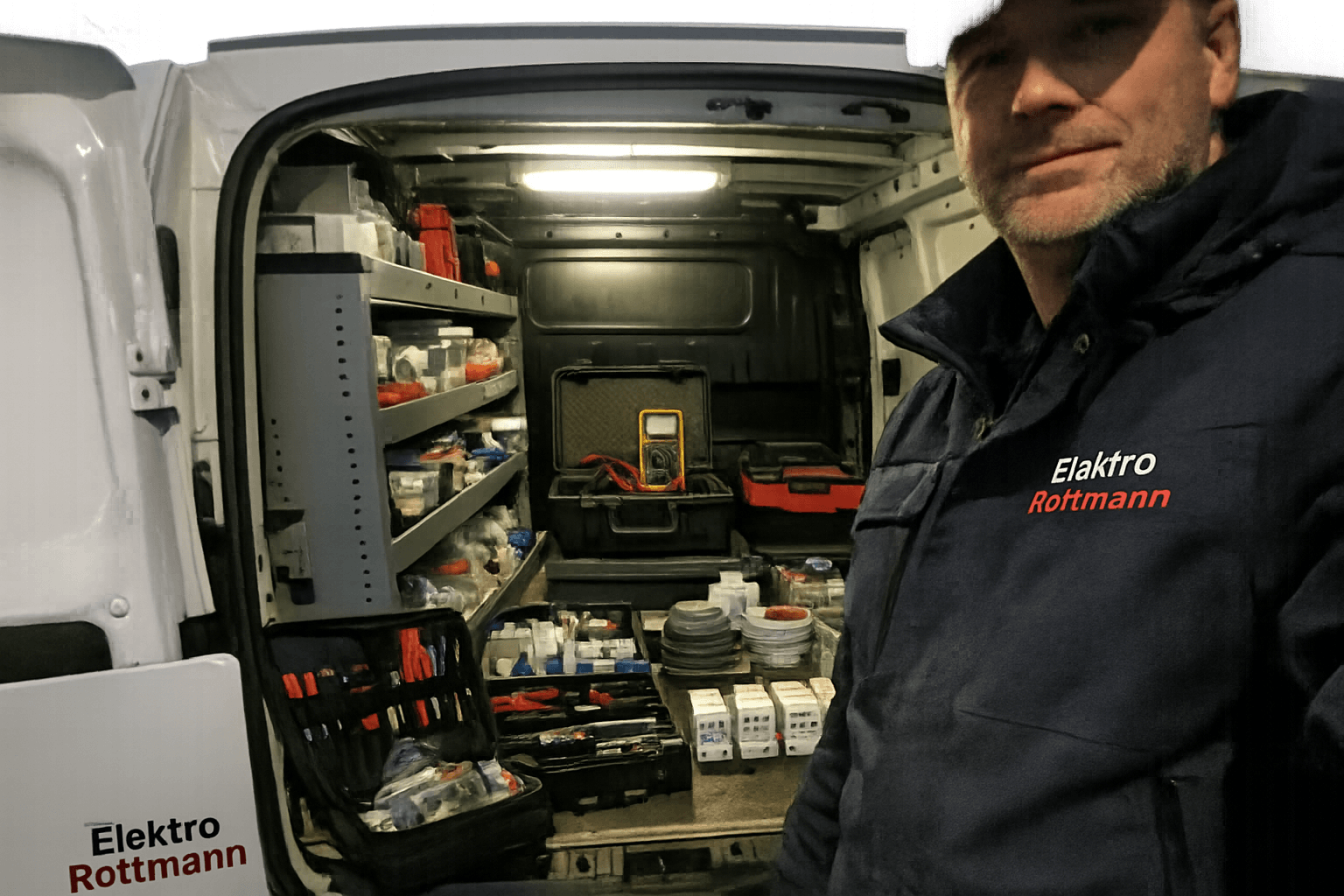 Elektriker von Elektro Rottmann neben Servicefahrzeug beim Stromausfall-Einsatz