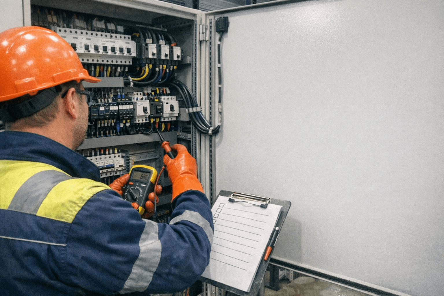 Elektriker prüft Industrieschaltschrank in Produktionshalle während eines Notfalleinsatzes.
