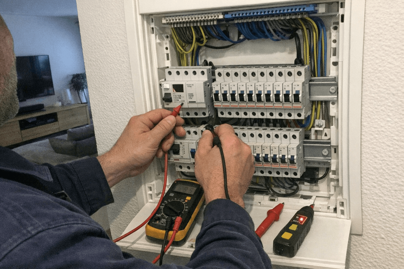 Elektriker prüft offenen Sicherungskasten in Wohnhausflur mit Messgerät bei Diagnose eines Stromproblems.