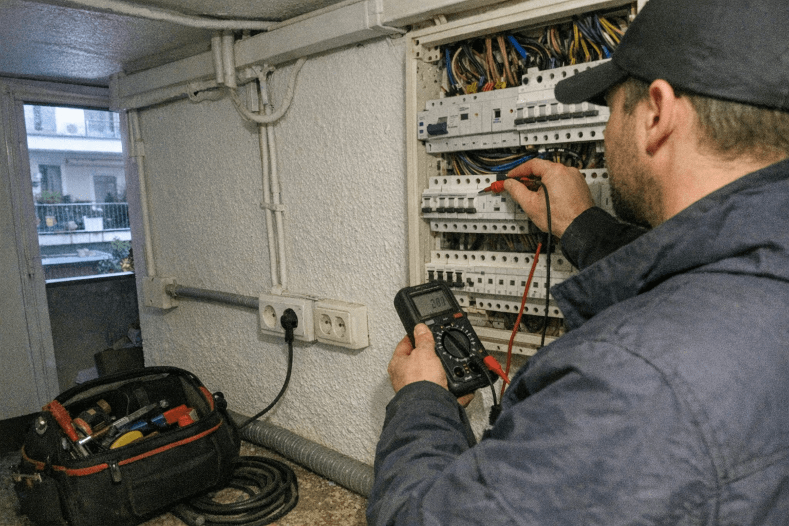 Elektriker bei der Fehlersuche an einer Stromstörung in einer Wohnung