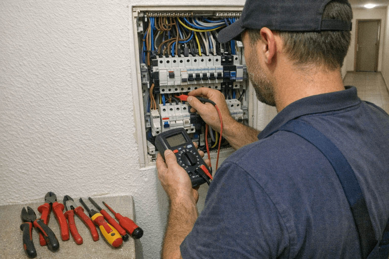 Elektriker bei der Prüfung eines Sicherungskastens in einem Wohngebäude