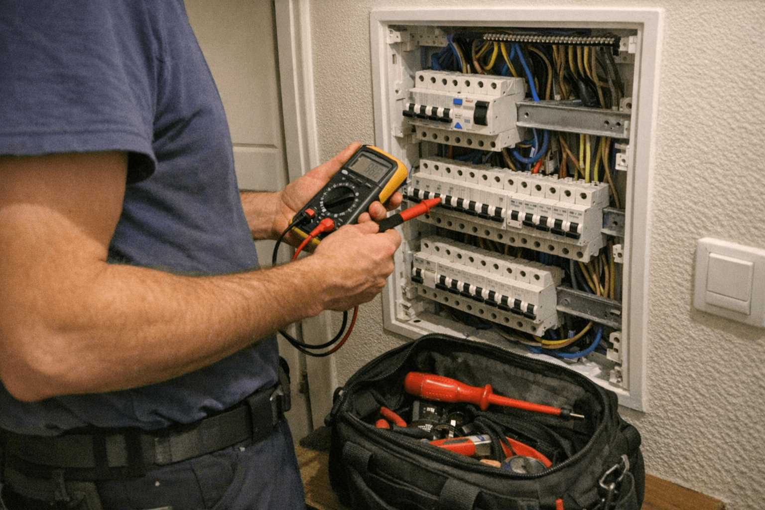 Elektriker bei der Prüfung eines Sicherungskastens nach Stromausfall