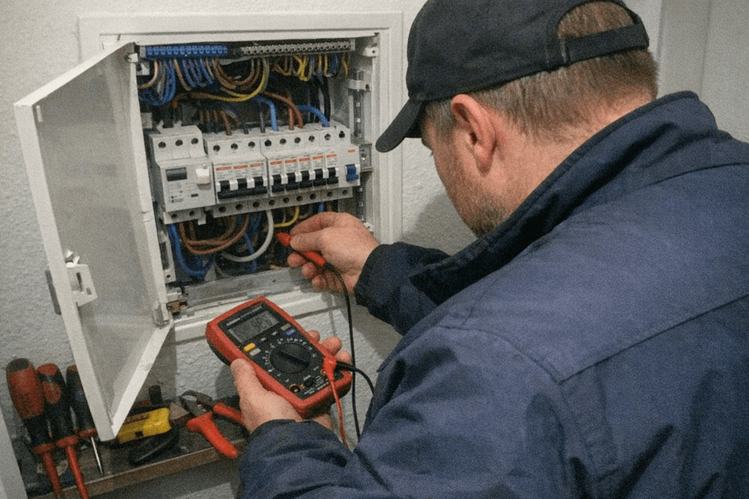 Elektriker bei einer Störungsdiagnose in einem Wohnquartier