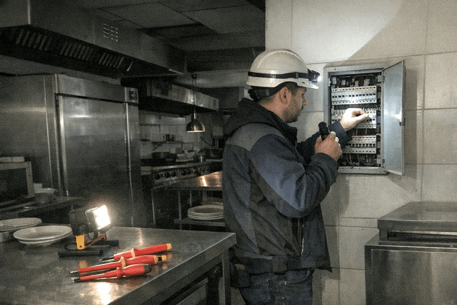 Elektriker in Altstadt prüft Sicherungskasten neben Kühlung in Restaurantküche bei Stromausfall.